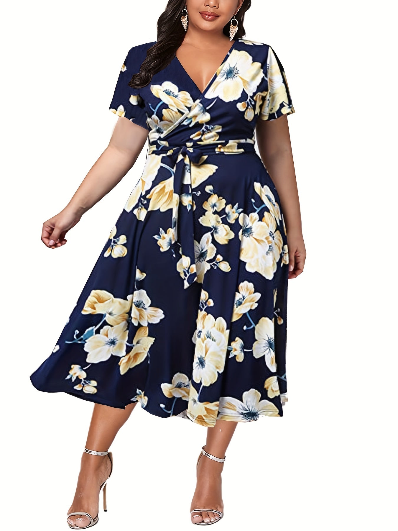 Floral Print Short Sleeve Midi Dress With Belt