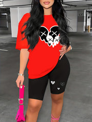 Cartoon Print 2pc Set Short Sleeve Crew Neck T Shirt & Shorts Summer Outfit