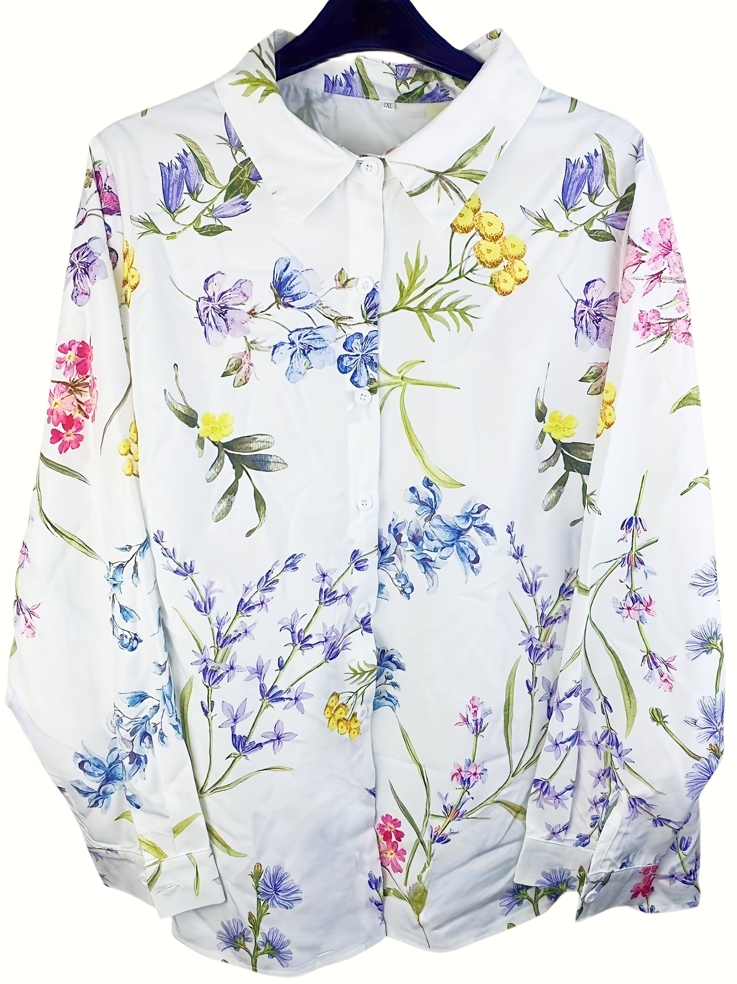 Women's Plus Floral Print Button Up Long Sleeve Blouse