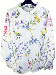 Women's Plus Floral Print Button Up Long Sleeve Blouse