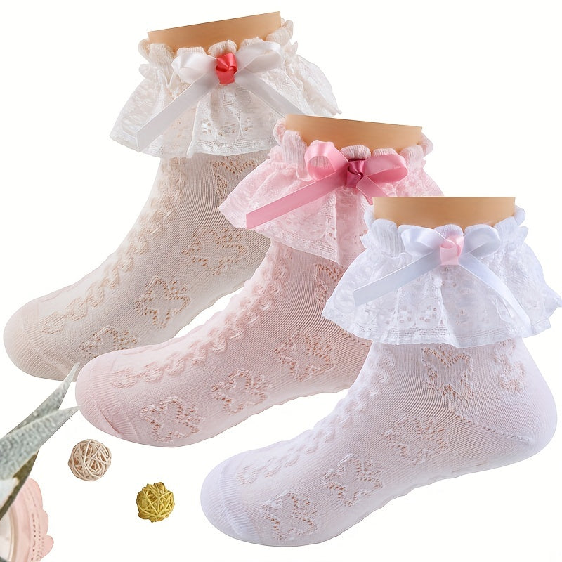 3 Pairs Girls Ruffle Lace Trims Bow Dance Socks Thin Crew Socks