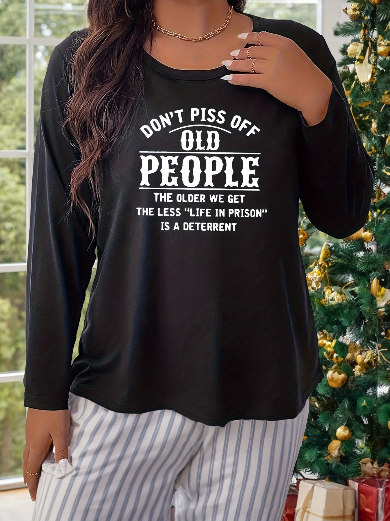 Lounge Top Women's Plus Slogan Print Long Sleeve Crew Neck