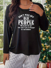 Lounge Top Women's Plus Slogan Print Long Sleeve Crew Neck