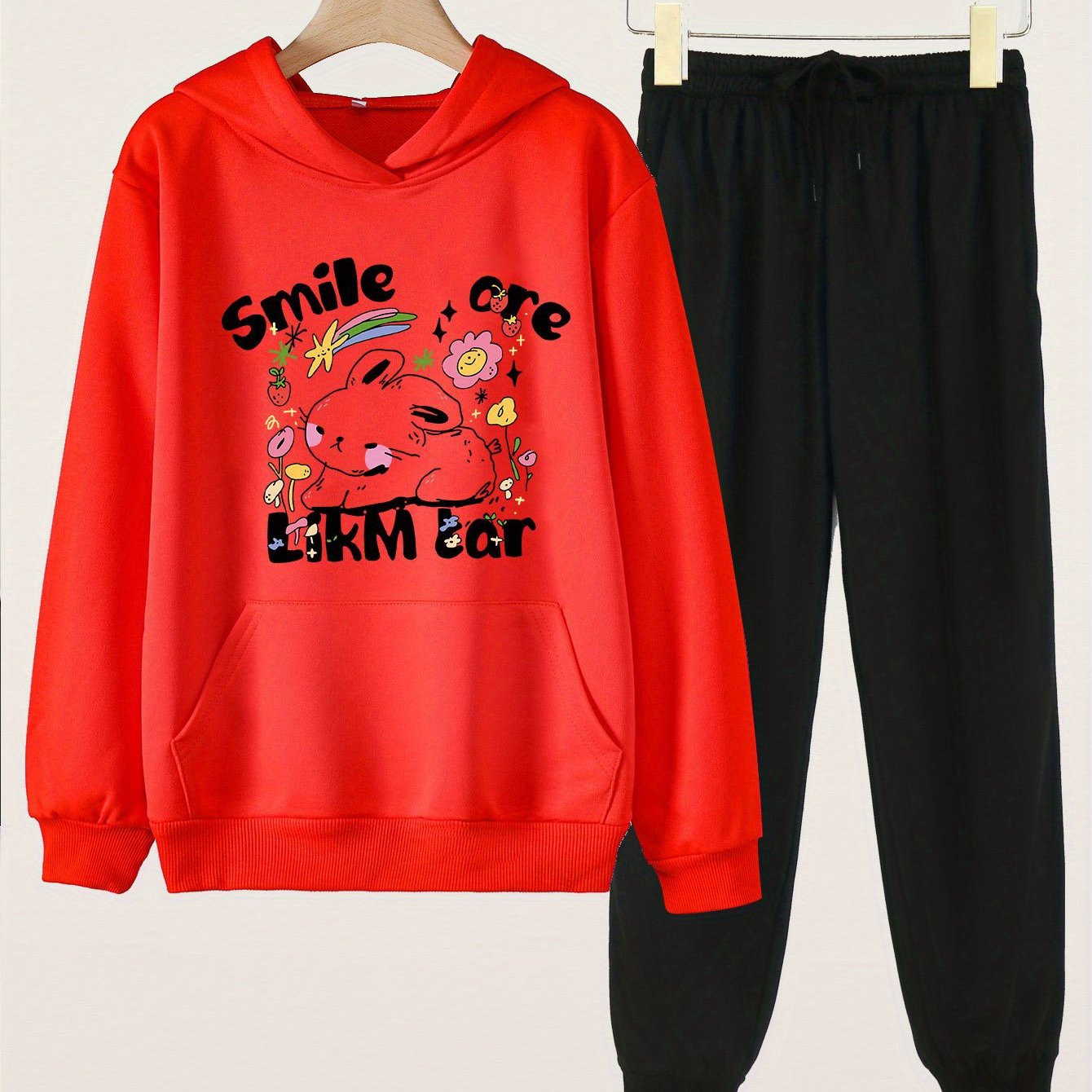 2pcs SMILE Print Girls Hoodie Kids Casual Long Sleeve Loose Hooded Sweatshirt
