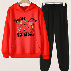 2pcs SMILE Print Girls Hoodie Kids Casual Long Sleeve Loose Hooded Sweatshirt