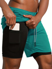 Men's Double Layer Stretch Sports Shorts with Inner Pocket