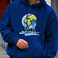 Melting Earth Print Hoodie Men's Casual Graphic Pullover Hooded Sweatshirt