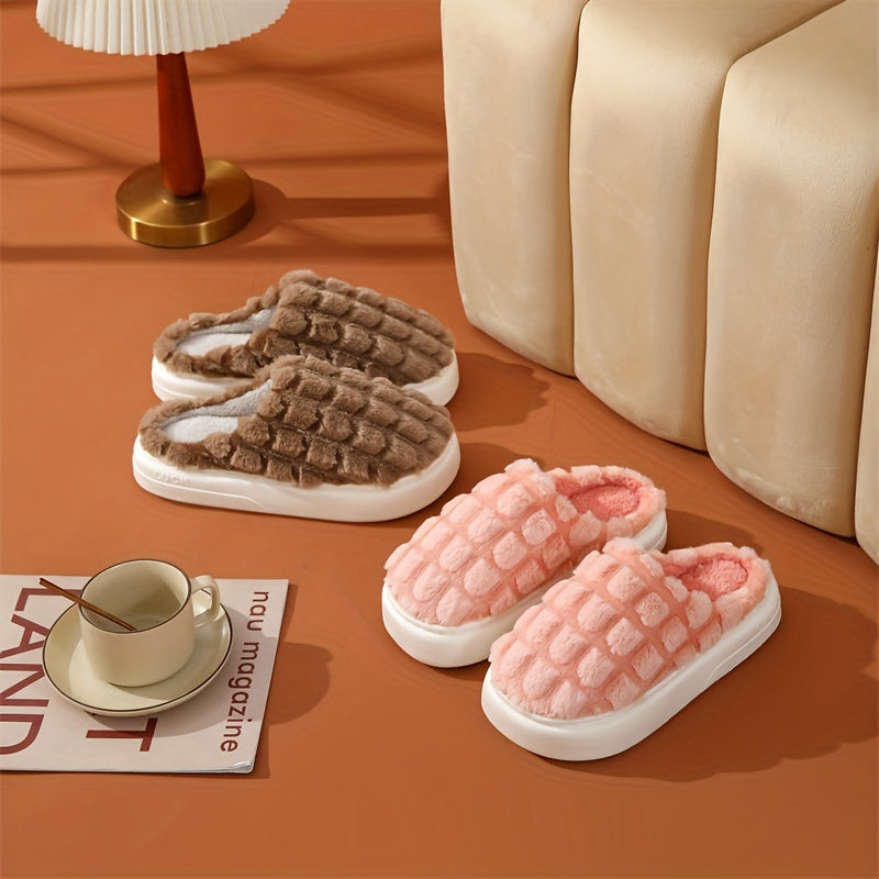 Fuzzy Plaid Platform Slippers Non Slip Indoor Shoes