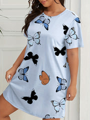 Butterfly Print Nightdress Short Sleeve Round Neck Sleep Dress