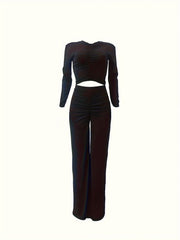 Solid Long Sleeve Ruched Top & Pants Set