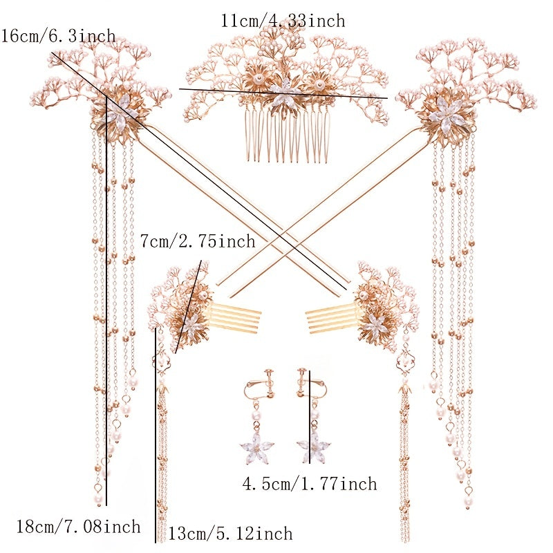 6pcs Chinese Hair Pin Vintage Hanfu Headdress Hair Clip Set Bridal Faux Pearl