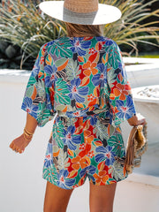 Boho Printed Wide Sleeve Jumpsuit Casual Tie Waist V Neck Short Length