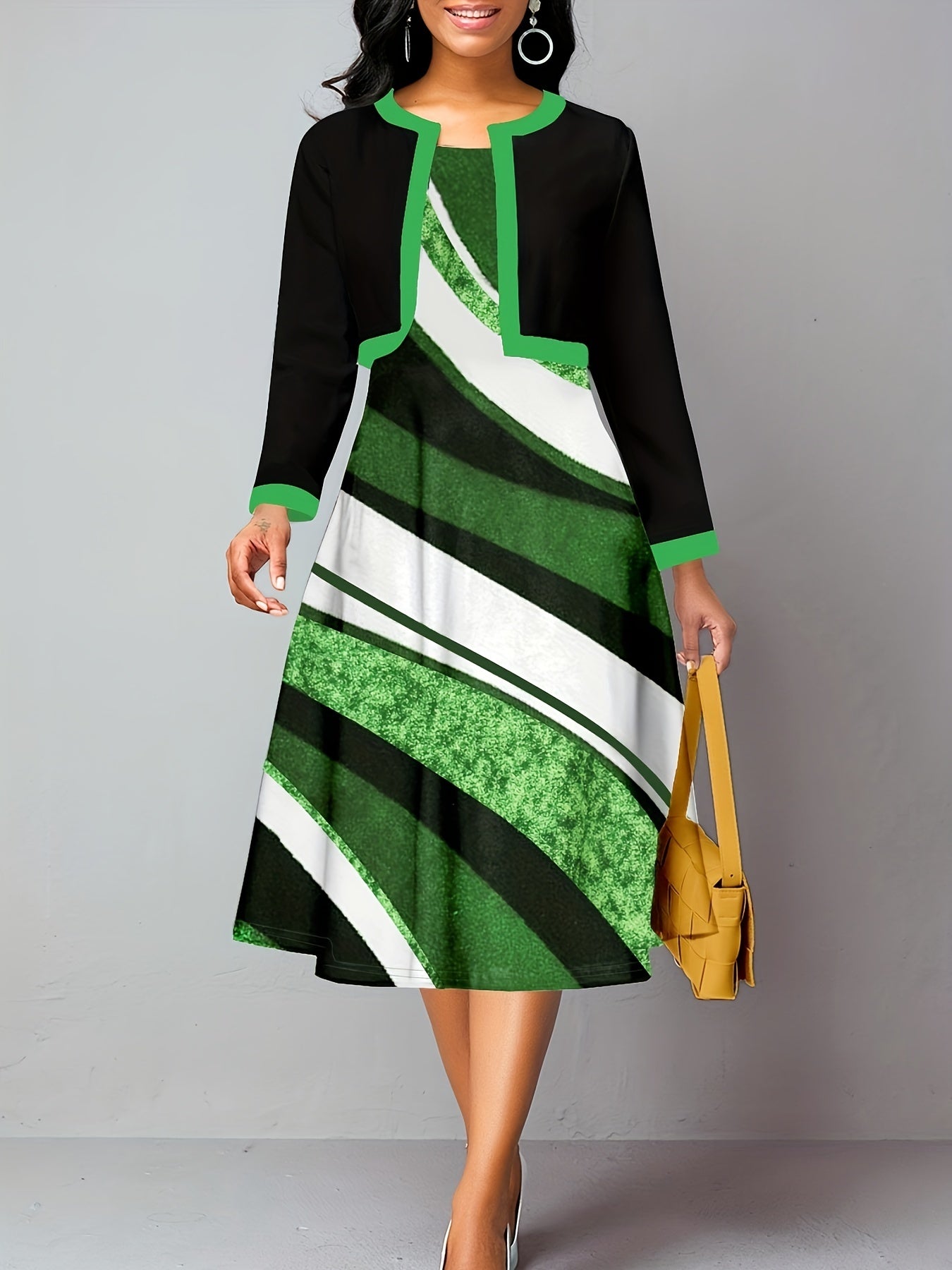 Women's Plus Size Colorblock Stripe Print Tank Dress & Crop Cardigan 2pc