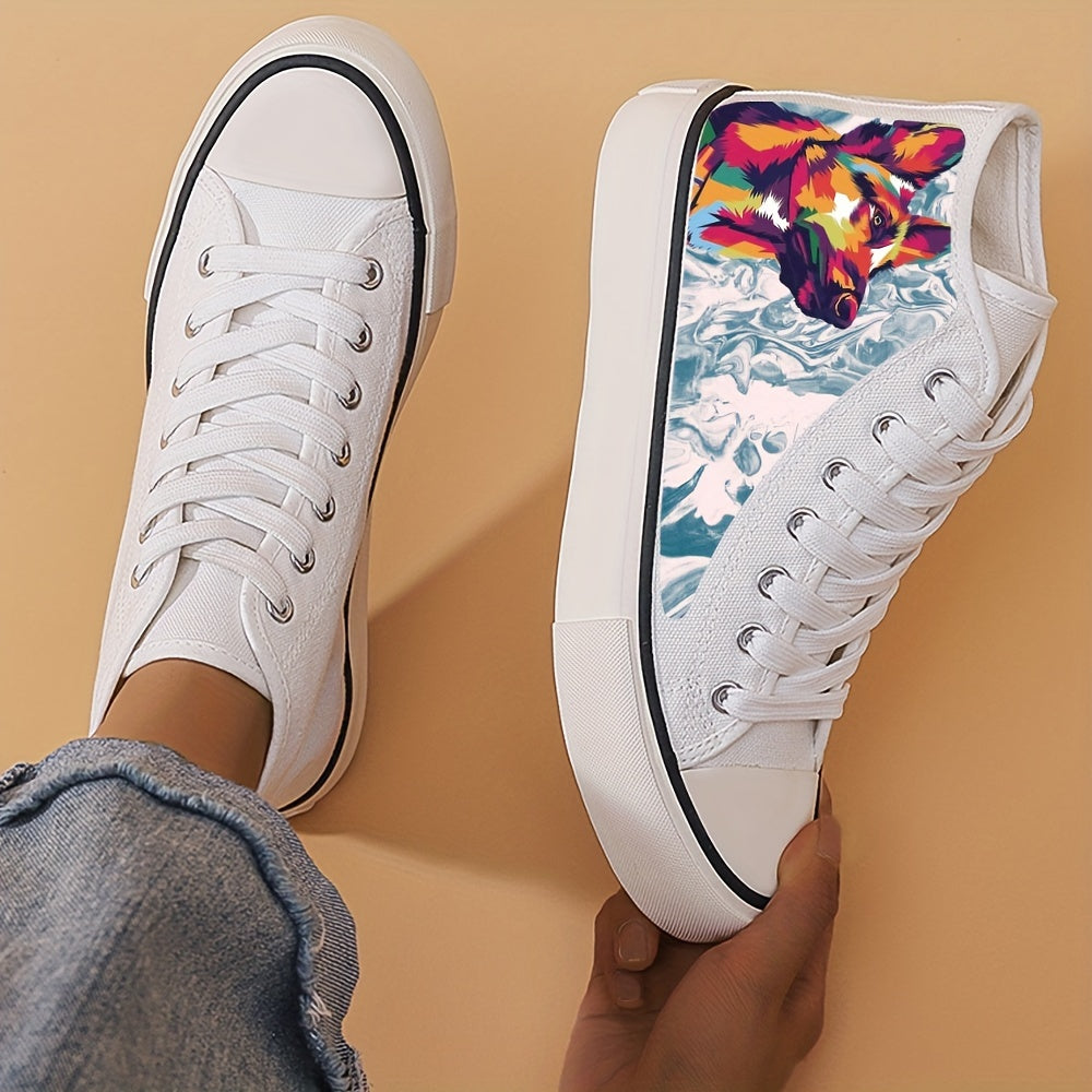 Wolf Print Chunky Canvas Sneakers High Top Skate Shoes