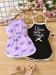 2pcs Toddler Girls Heart & Letter Graphic Cami Rompers For Summer