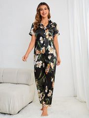 Floral Print Pajama Set Short Sleeve Buttons Top & Elastic Waistband Pants