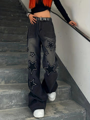 Star Patch Baggy Loose Boyfriend Jeans Dark Wash Zipper Button Closure