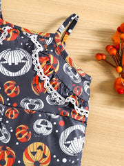 Cute Pumpkin Print Suspender Pants for Baby Girl's Halloween Costume