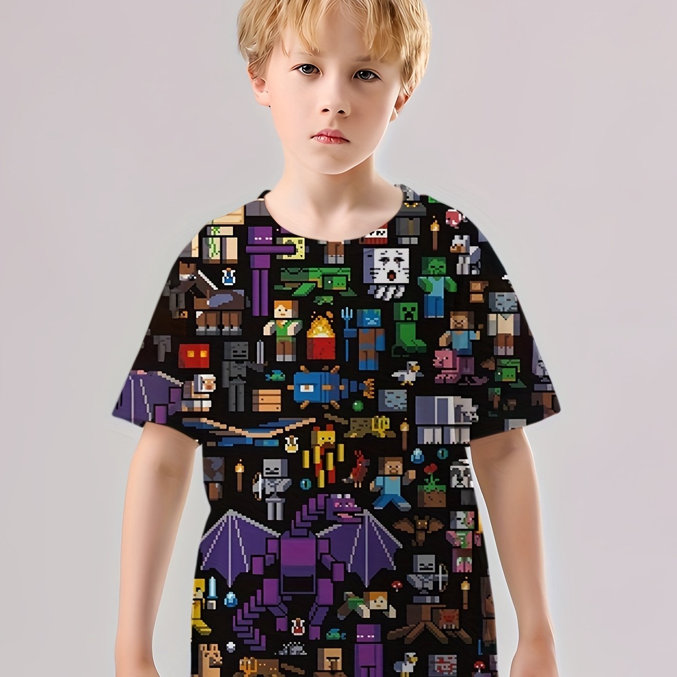 Pixel Character Print Boys T-shirt Lightweight Short Sleeve Top Summer Kids Clot