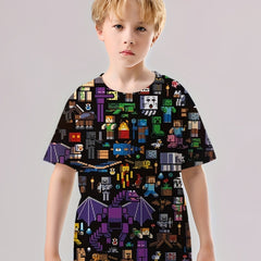 Pixel Character Print Boys T-shirt Lightweight Short Sleeve Top Summer Kids Clot