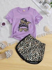 Girls Figure Graphic T Shirts & Leopard Shorts Set