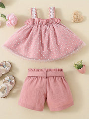 2pcs Baby Girls Heart Print Camisole Top & Shorts Set