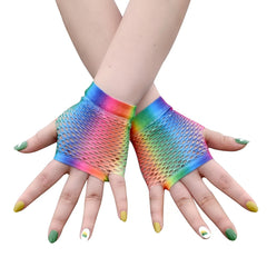 Rainbow Fishnet Party Gloves Punk Half Finger Nightclub Stretch Mesh Hip Hop