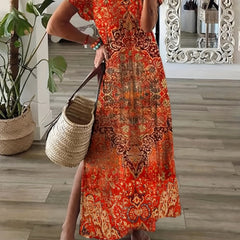 Tribal Print V-Neck Split Maxi Dress