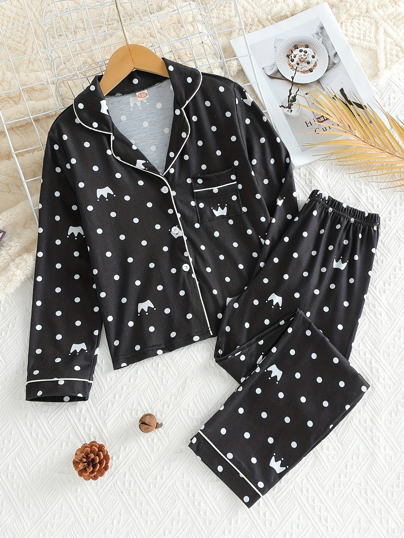 Girls 2pcs Crown Polka Dot Print Pajamas Set