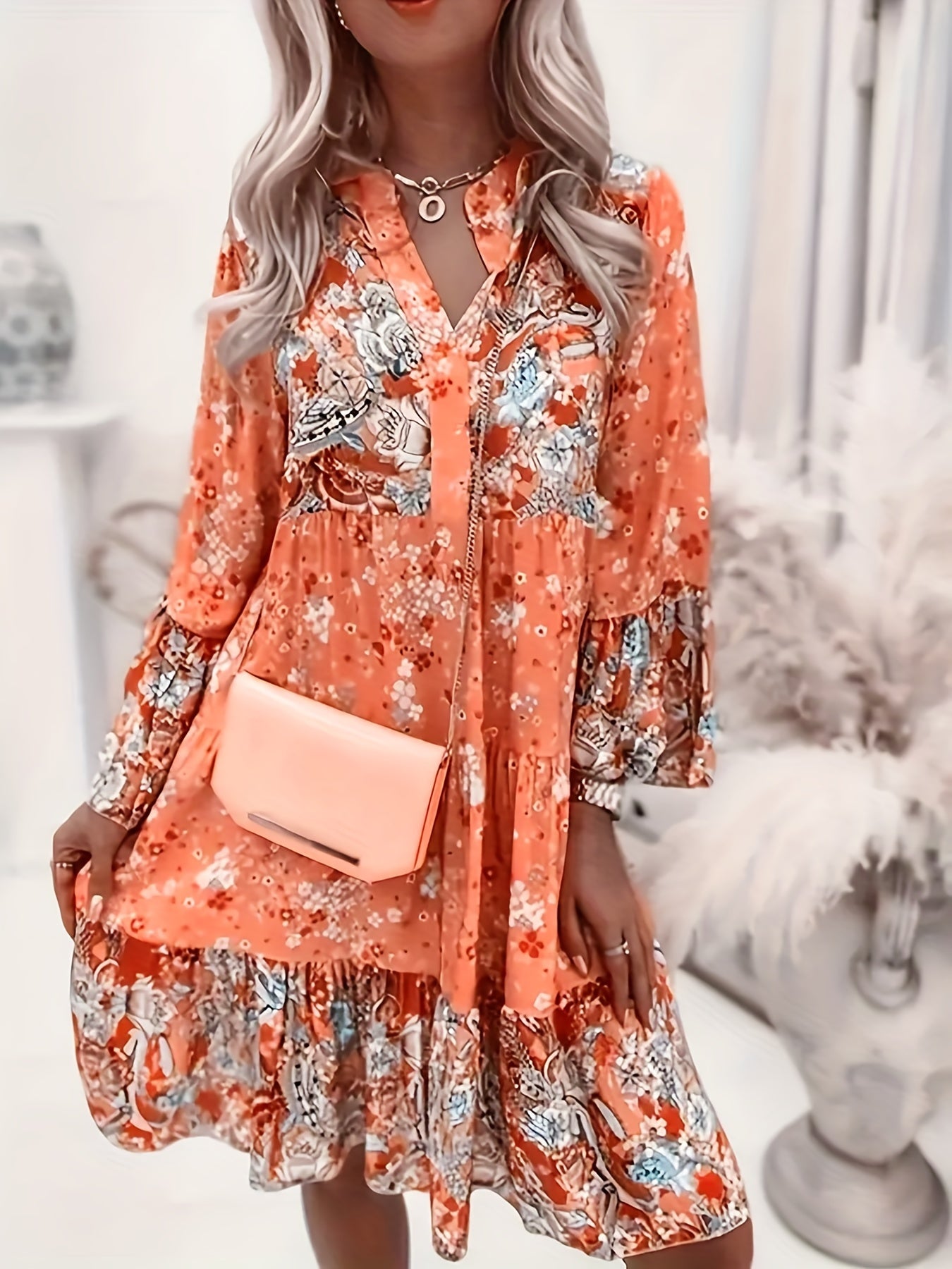 Ditsy Floral Print Dress Long Sleeve V Neck Ruched Dress