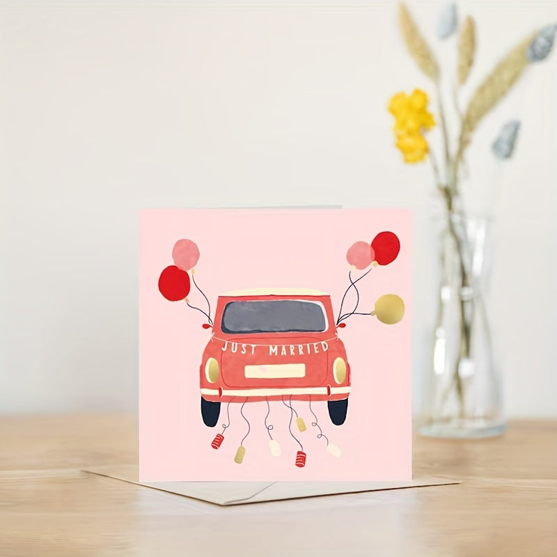 Foil Red Car Just Married Wedding Greeting Card - Newly Weds or Bride and Groom