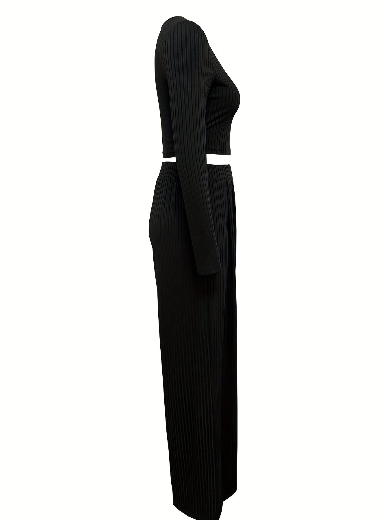 Casual Two piece Set Crew Neck Long Sleeve Tops & High Waist Wide Leg Pants