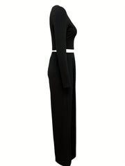 Casual Two piece Set Crew Neck Long Sleeve Tops & High Waist Wide Leg Pants