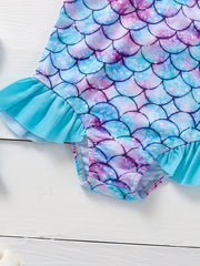 Baby Girls Mermaid Print Swimsuit Ruffle Sleeve
