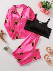 Kid's Satin Pajamas Cami Top & Button Front Top & Pants Set Bear Print PJ Set