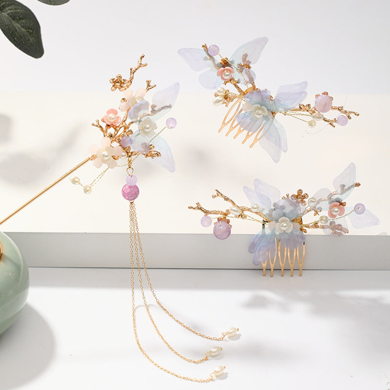 Faux Pearl Butterfly Flower Hairpin Headband Set