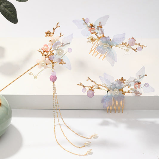 Faux Pearl Butterfly Flower Hairpin Headband Set