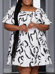 Graffiti Print Short Sleeve Smock Dress