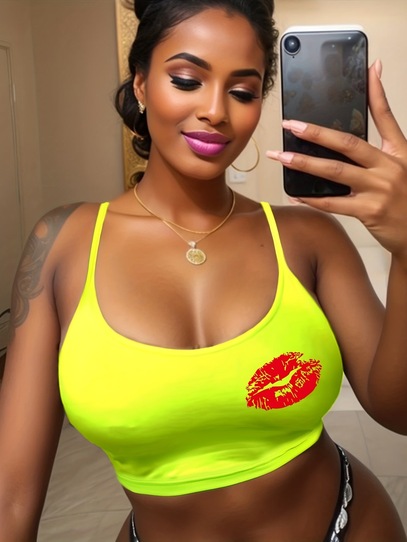 Lips Print Cami Sleep Top Sexy Round Neck Sleeveless Women's Pajamas