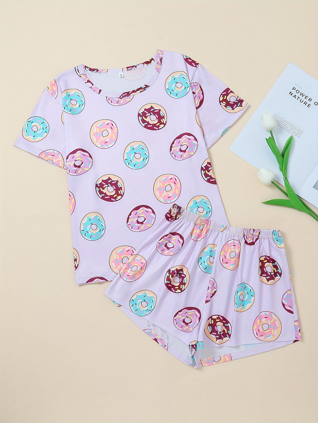 Donut Print Pajamas Set Short Sleeve Crew Neck Top & Shorts