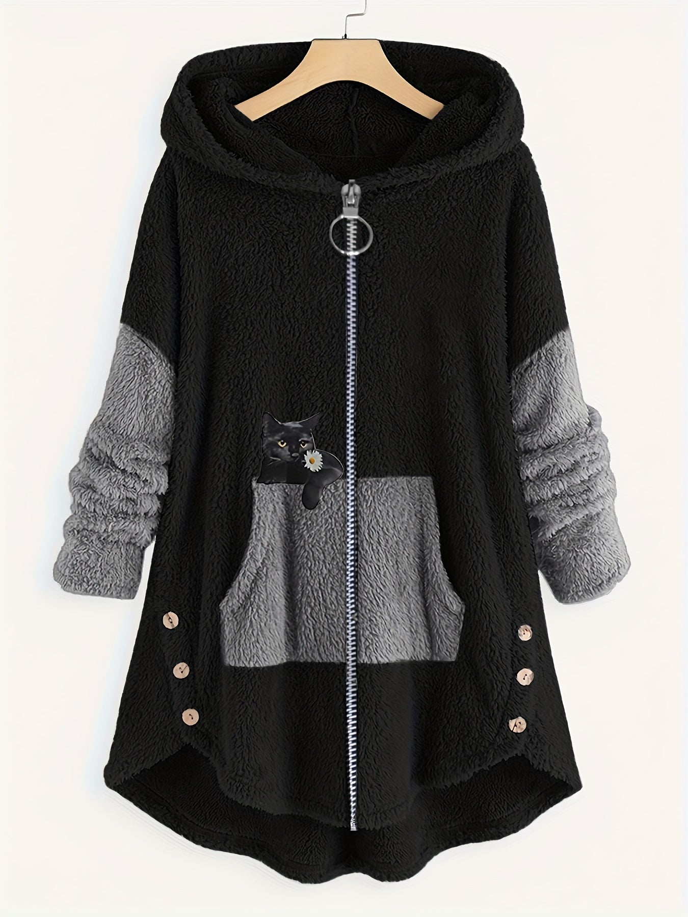Cat Print Hooded Coat Warm Outerwear For Fall & Winter