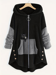 Cat Print Hooded Coat Warm Outerwear For Fall & Winter
