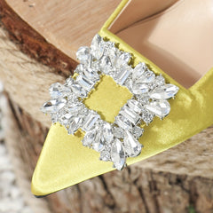 Yellow Rhinestone Kitten Heel Slingback Pumps