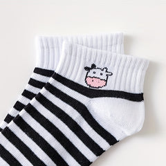 5Pairs Girls Cartoon Cow Print Cotton Blend Ankle Socks for Spring