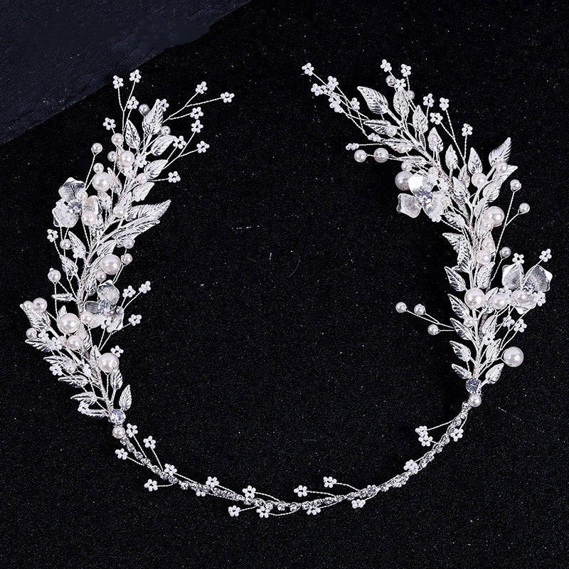 Bridal Silver Leaf Pearl Headband Tiara Wedding Hair Band