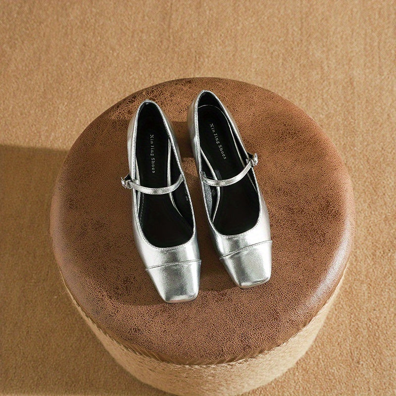 Chunky Heel Square Toe Pumps Faux Leather Buckle Strap