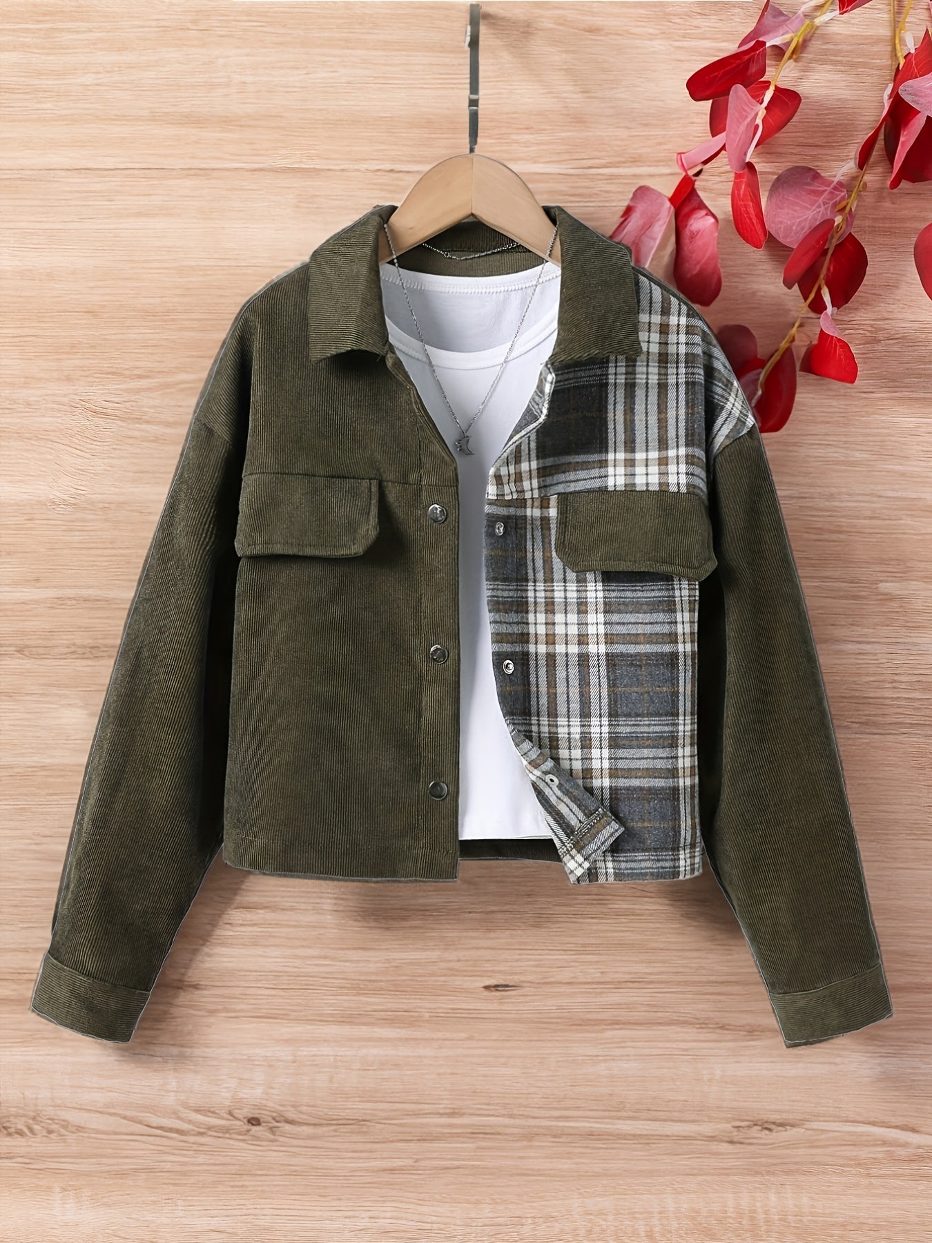 Girls Corduroy Plaid Collared Snap Jacket