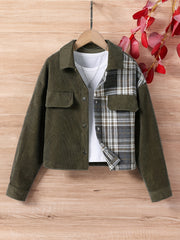 Girls Corduroy Plaid Collared Snap Jacket