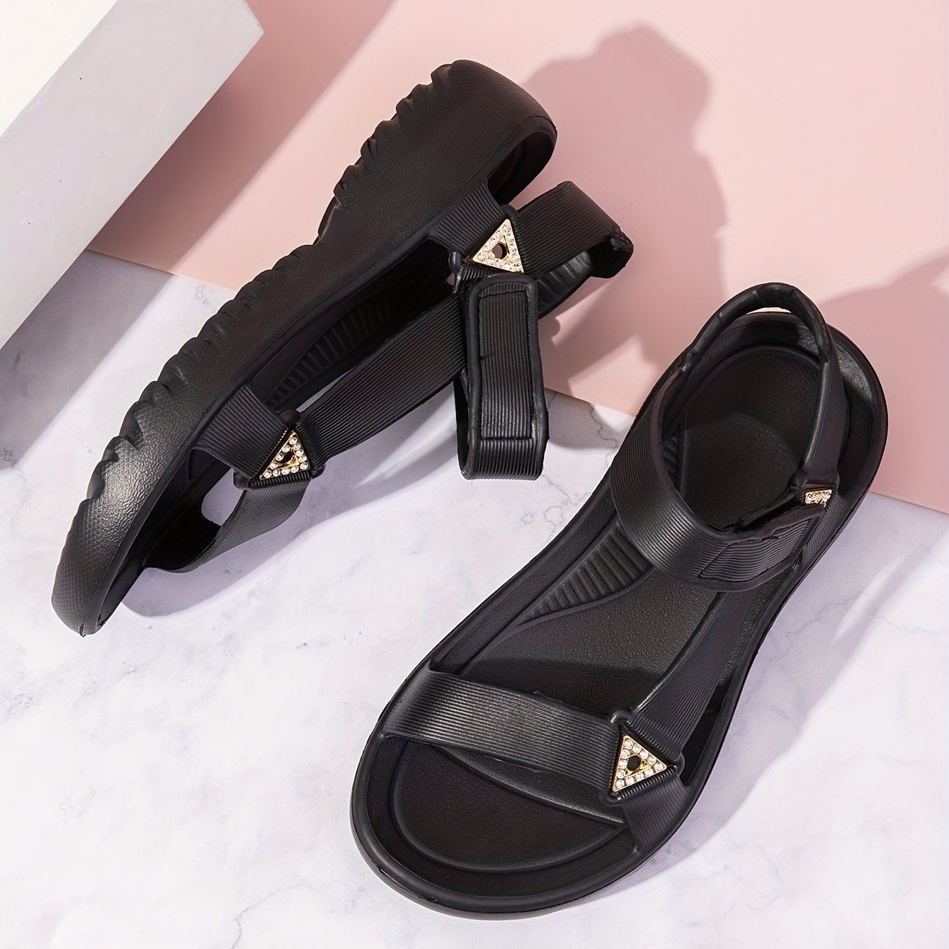 Women's Rhinestone Wedge Sandals Summer Casual Ankle Strap Sports Sandals