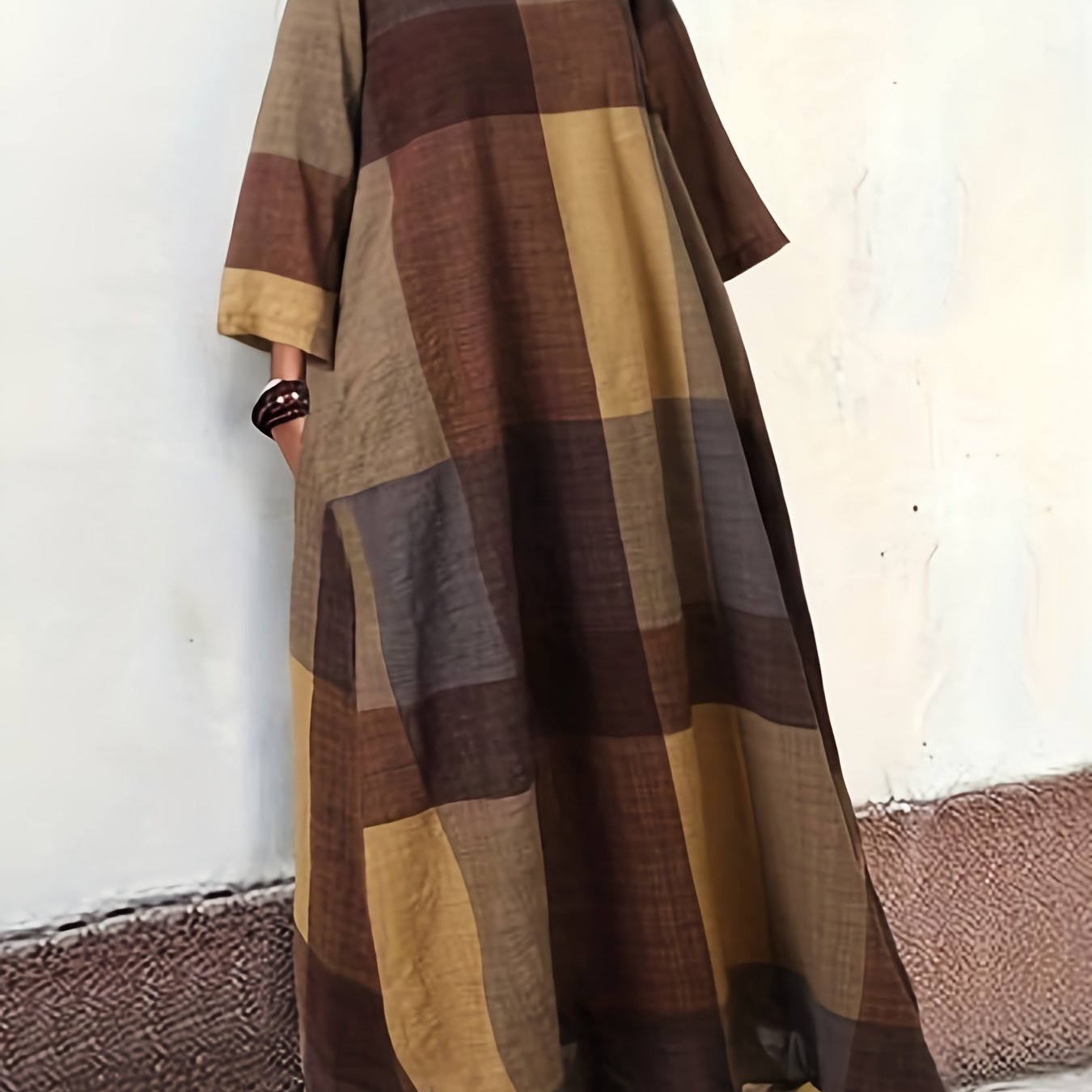 Colorblock Grid Print Long Sleeve Maxi Dress